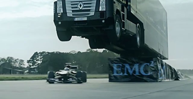 Semi Jump Record - Video: Big rig jumps F1 car, sets record