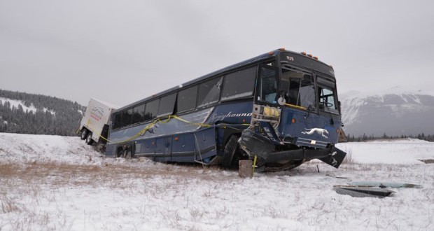 Greyhound bus hits the ditch near Jasper  RCMP