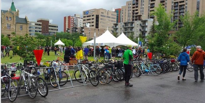 Bikes line up to celebrate the completion of Calgary’s cycling track (Photo)