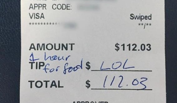 Waitress Stunned By ‘LOL’ tip on $112 Bill (Photo)