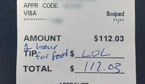 Waitress stunned by 'LOL' tip on $112 bill (Photo)