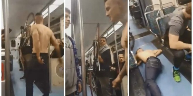 Man subduing shirtless troublemaker on train goes viral (Video)