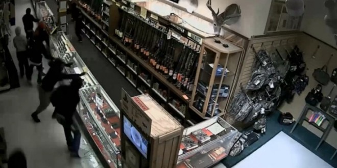 Gun Store Robbery Video: Dramatic footage of thieves ransacking a “gun store” looks like a bad action movie