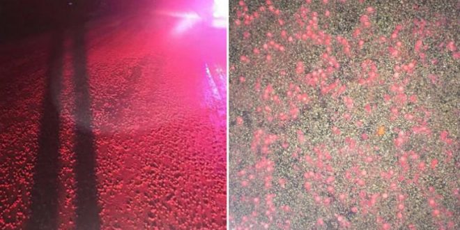 Giant red skittles spill onto Wisconsin highway (Photo)