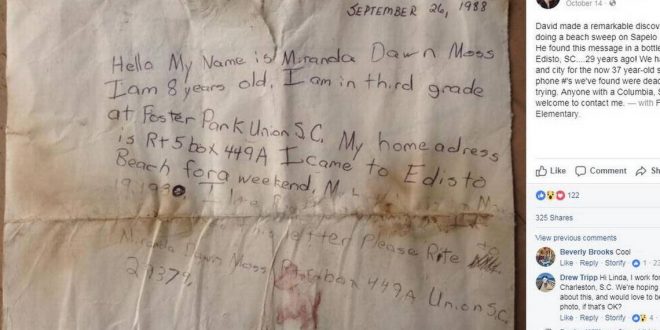 Message in a bottle: Georgia couple discovers message dated Sept. 26, 1988